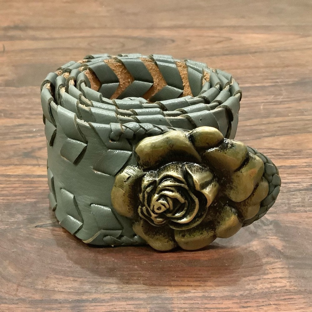Y2K Leather Belt Gray with Rosette whip stitching design Wide Belt Boho Belt